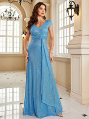 New Luxury Blue V-Neck Sequins Evening Dress