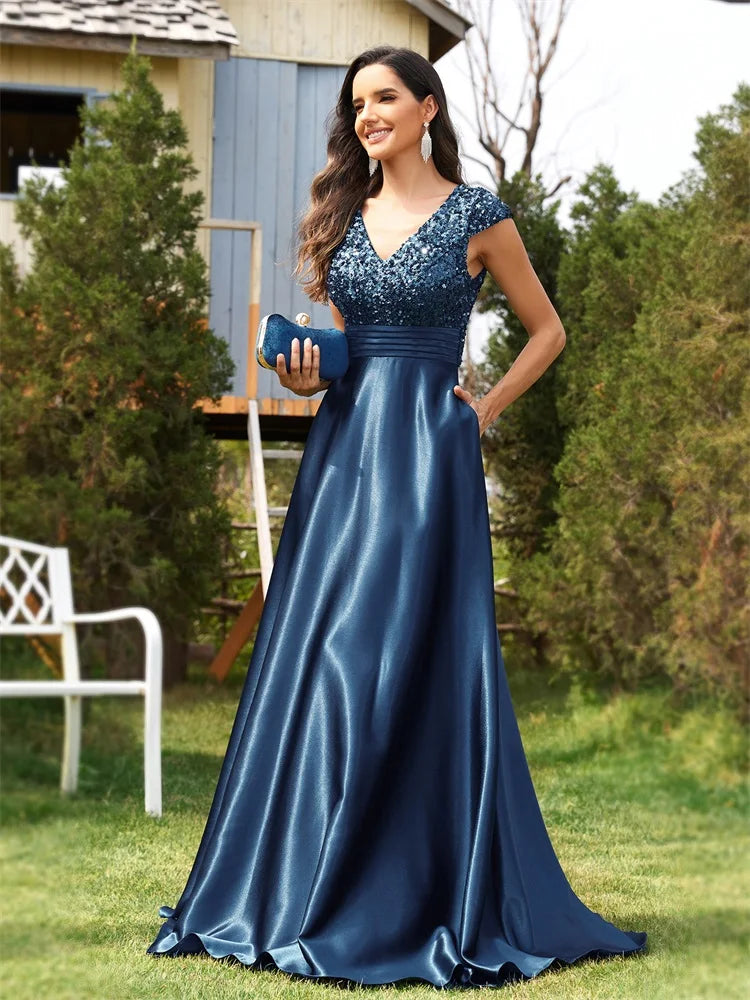 XUIBOL | 2024 Luxury Women Satin Short Sleeves Party Prom Cocktail Dress