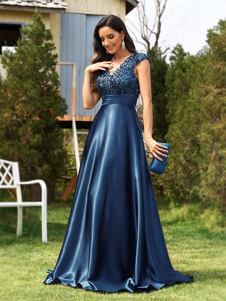 XUIBOL | 2024 Luxury Women Satin Short Sleeves Party Prom Cocktail Dress