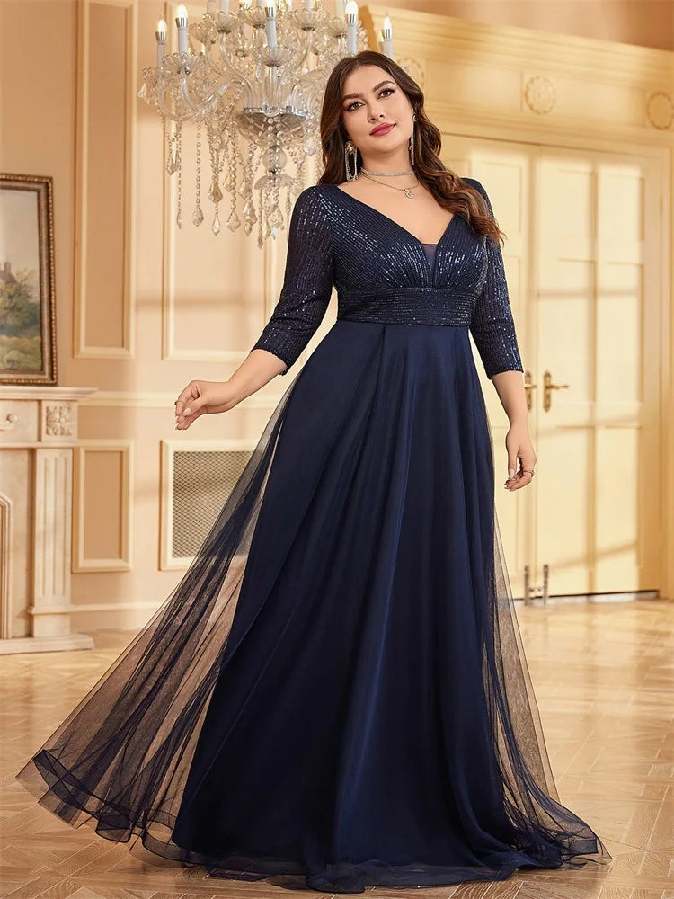 Plus Size Elegant VNeck Sequin Evening Dress | XUIBOL