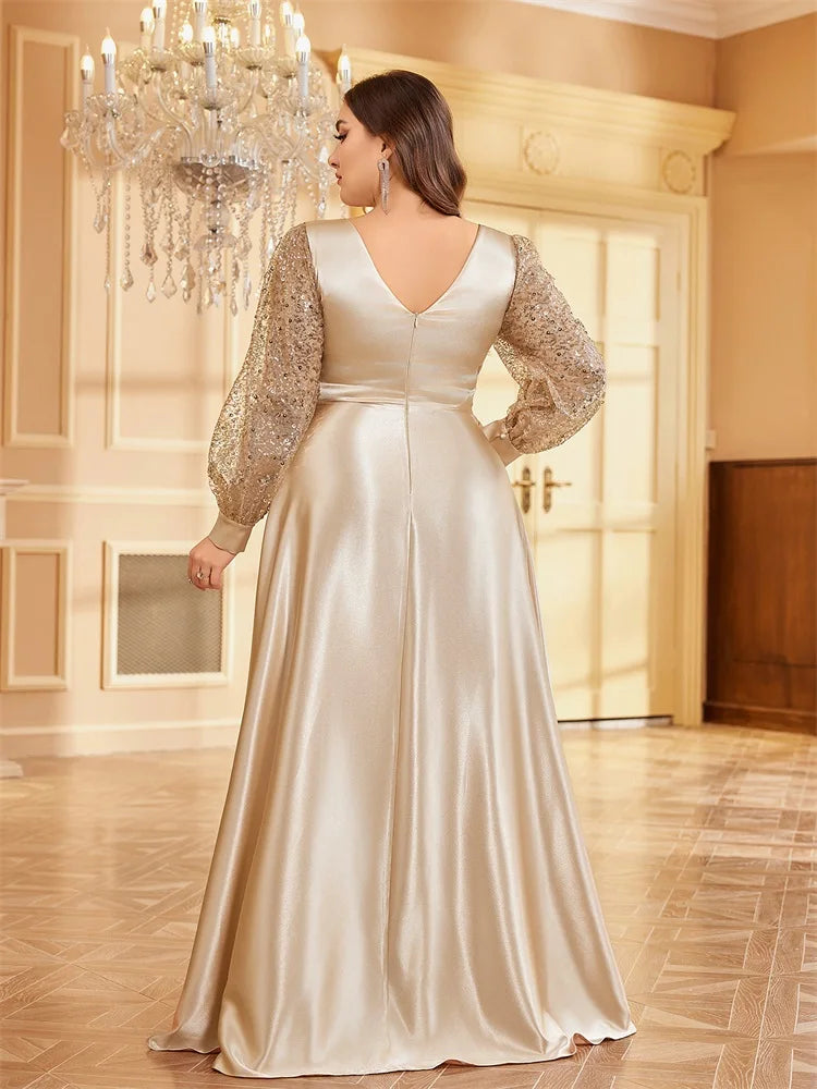 Plus Size Luxury Gold Sequin V-Neck Evening Dress | XUIBOL
