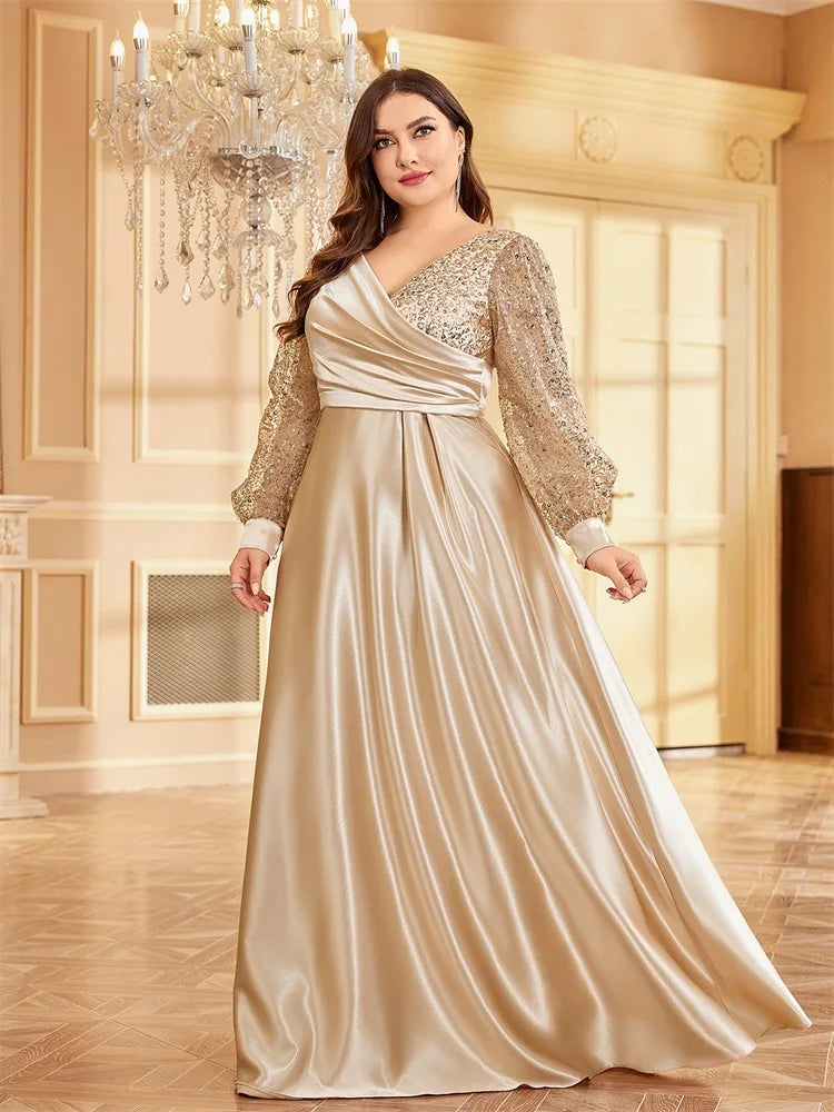 Plus Size Luxury Gold Sequin V-Neck Evening Dress | XUIBOL