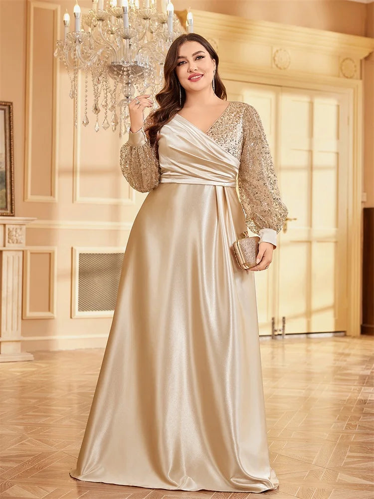 Plus Size Luxury Gold Sequin V-Neck Evening Dress | XUIBOL