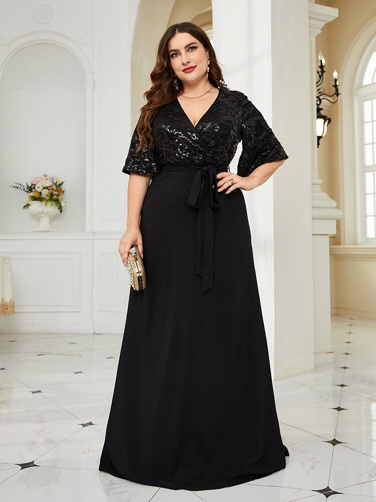 Party Dresses Ever-Pretty Plus Size Long Sleeves V-Neck Glitter