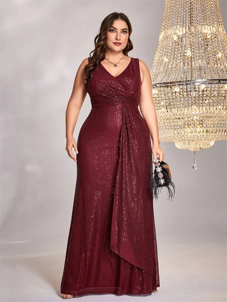 XUIBOL Plus Size elegant Women V-Neck Wedding Party Maxi Dress Sleeveless Sequins Evening Dress Long Prom Cocktail Dress