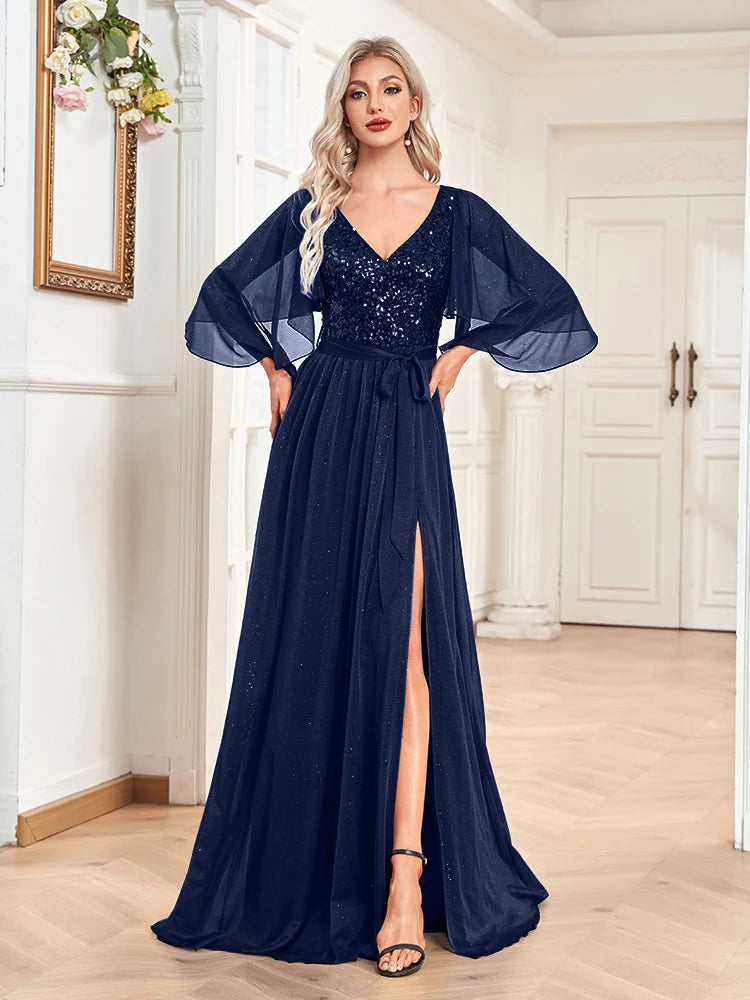 XUIBOL | Women Elegant Prom Blue Long Sleeves Wedding Party Dress Floor Lenght Gowns