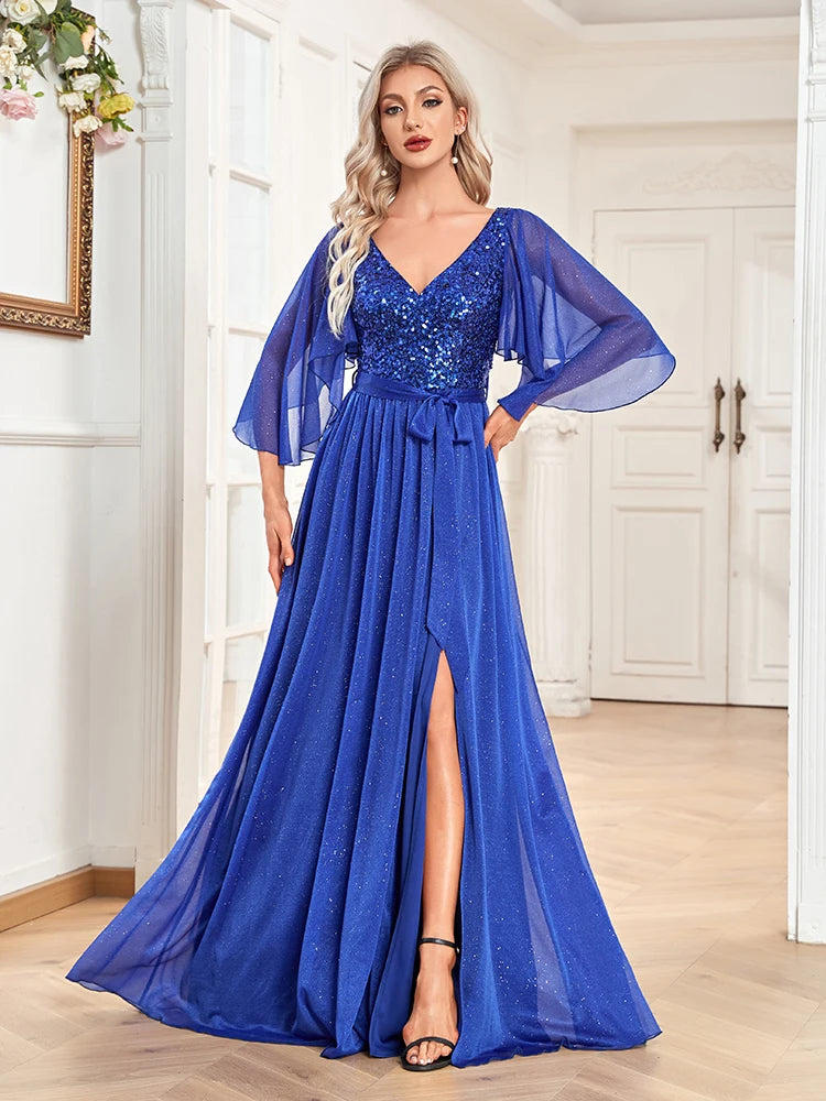 XUIBOL | Women Elegant Prom Blue Long Sleeves Wedding Party Dress Floor Lenght Gowns