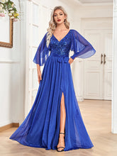 Women Elegant Prom Blue Long Sleeves Wedding Party Dress Floor Lenght Gowns