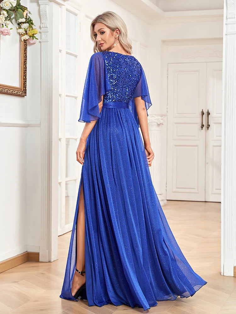 XUIBOL | Women Elegant Prom Blue Long Sleeves Wedding Party Dress Floor Lenght Gowns