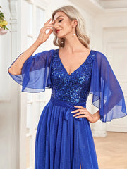 Women Elegant Prom Blue Long Sleeves Wedding Party Dress Floor Lenght Gowns