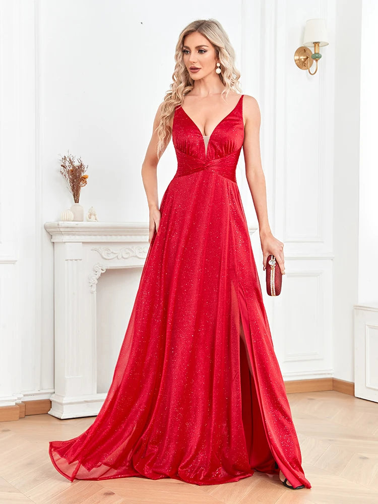 XUIBOL | Sexy Slit Long Deep V Neck Maxi Prom Wedding Party Dress Gown