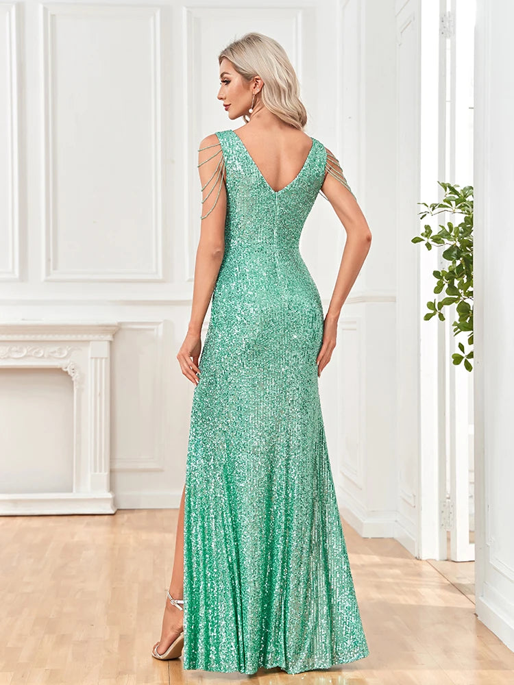 XUIBOL | Women Elegant Sexy Deep V-Neck Sequins Evening Dress