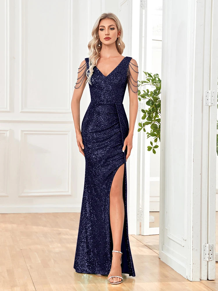 XUIBOL | Women Elegant Sexy Deep V-Neck Sequins Evening Dress
