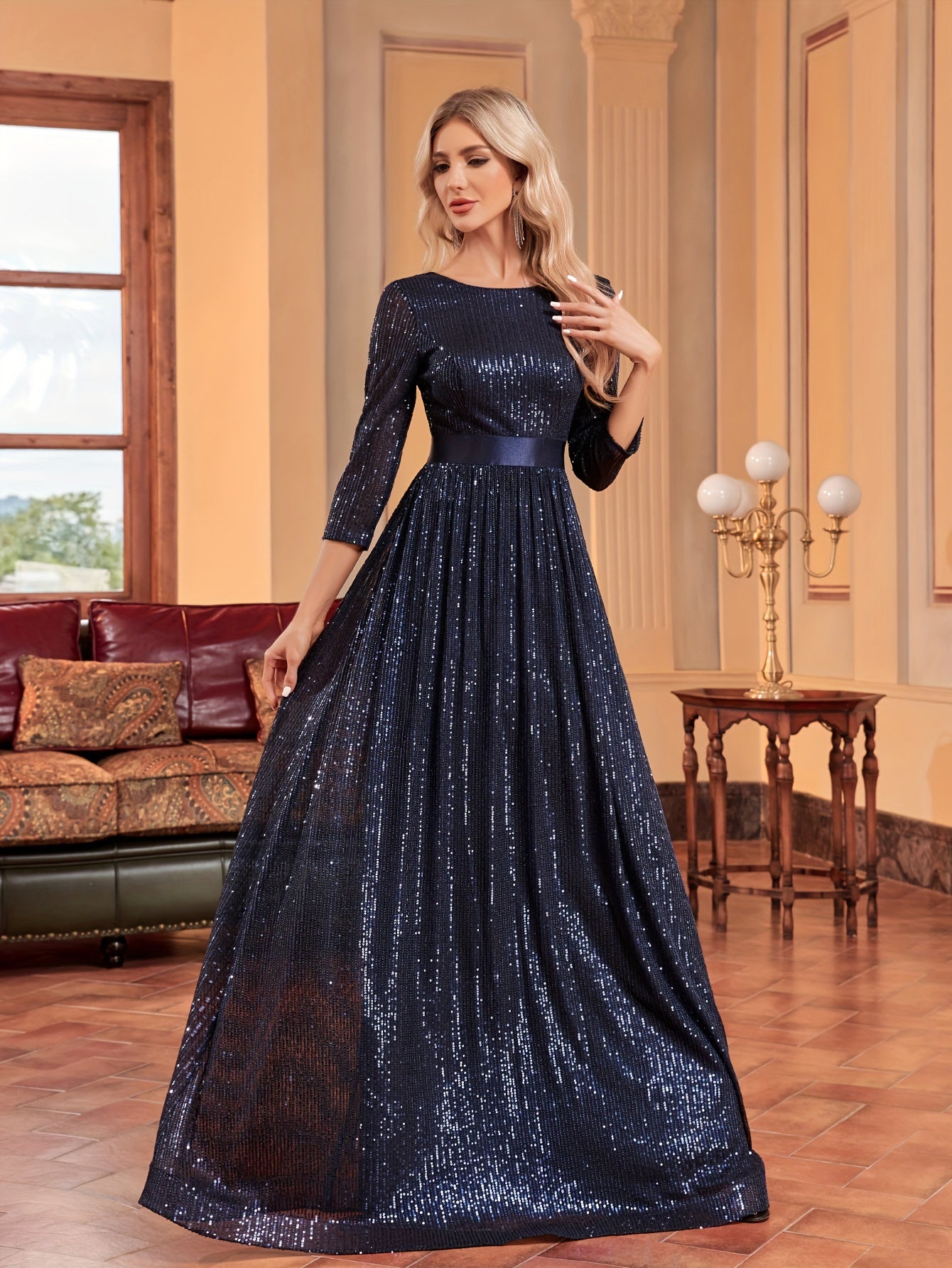 Three-quarter Sleeve Sequin Dress, Elegant Crew Neck Floor Length Dress | XUIBOL