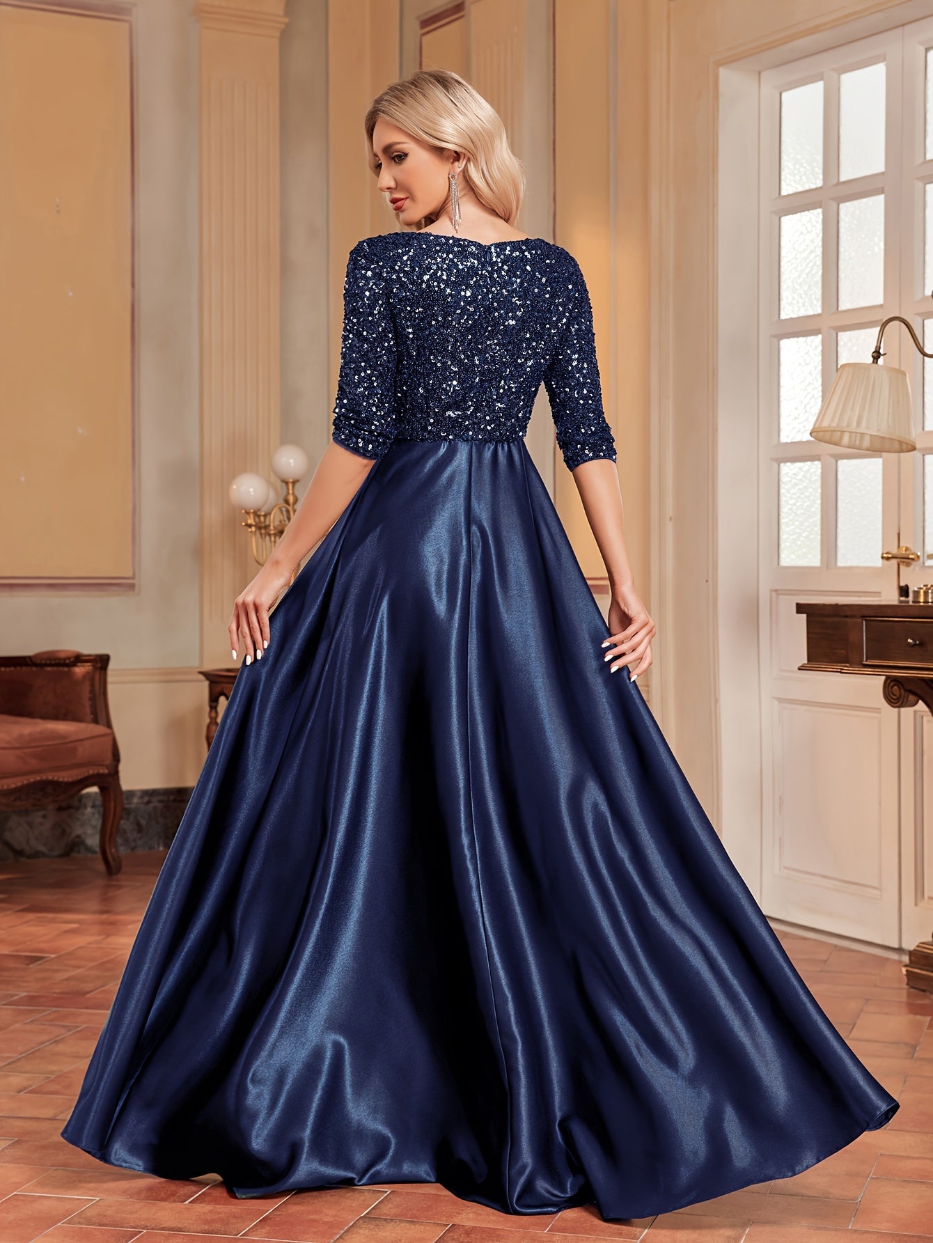 Sequined V-neck Splicing Dress | XUIBOL