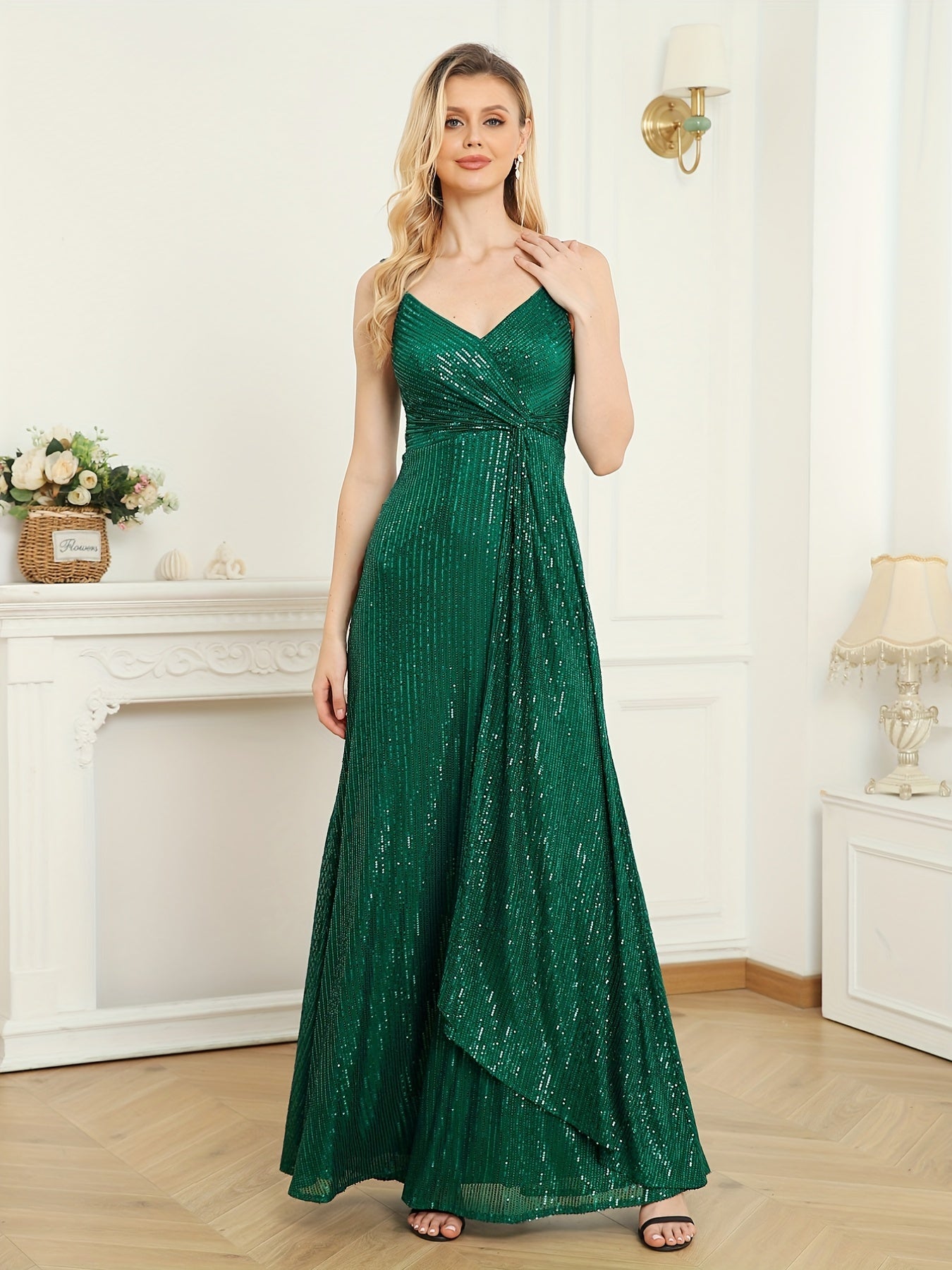 Sequined Bridesmaid Strap Dress, Elegant Surplice Neck Twist Front Dress For Wedding Party | XUIBOL