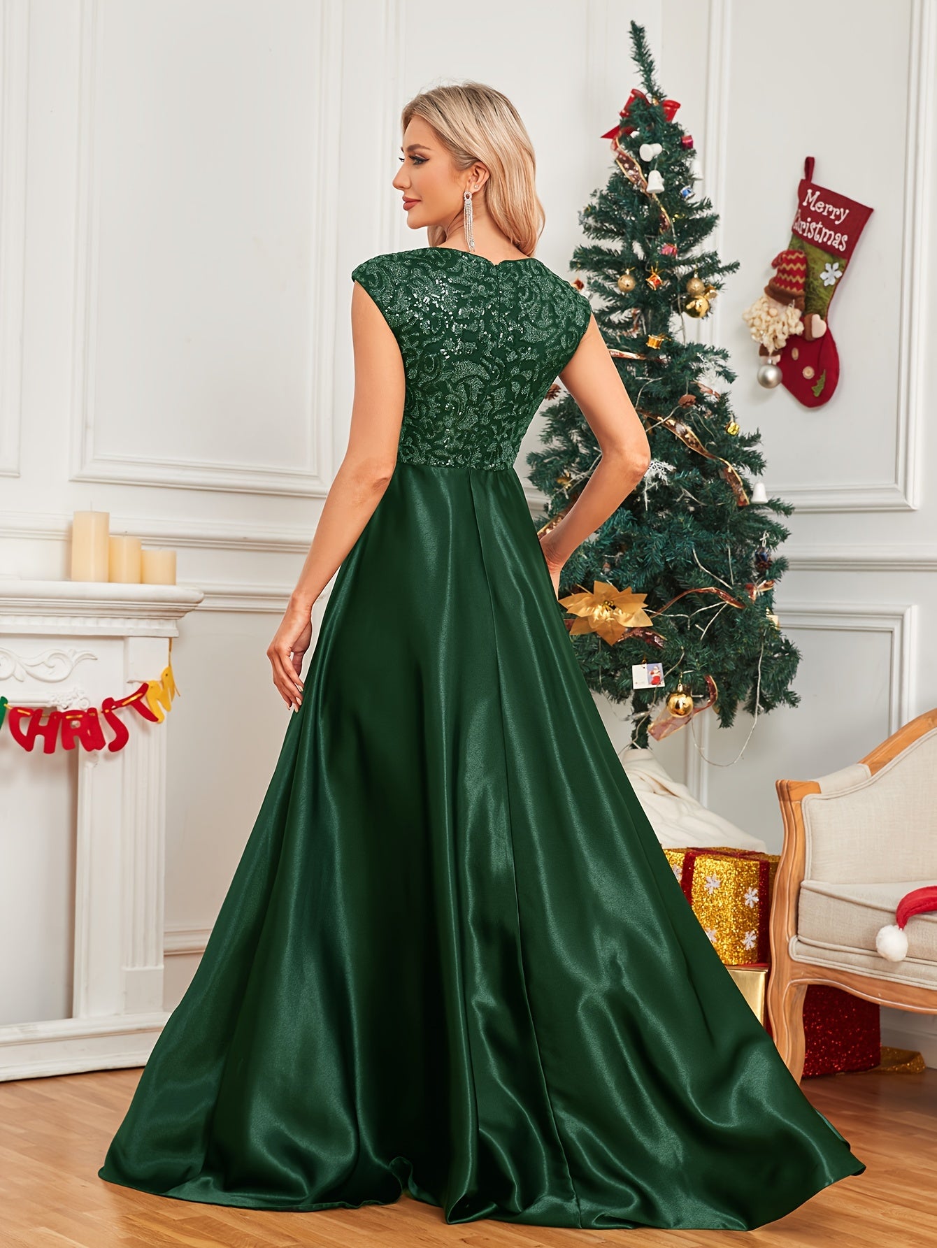 Cap Sleeve Embroidered Dress, Elegant V-neck Floor Length Dress For Wedding Party | XUIBOL