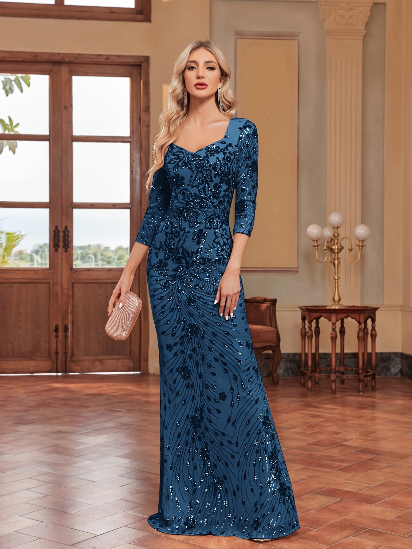 Sequin Decor Mermaid Bridesmaid Dress, Elegant Three-quarter Sleeve Slim Dress For Wedding Party | XUIBOL