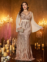 Rose‑Gold Sequin V‑Neck Contrast Chiffon Flare Long‑Sleeve Plus‑Size Mermaid Evening Gown
