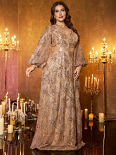 Champagne‑Gold Floral Sequin V‑Neck Lantern Long‑Sleeve Plus‑Size A‑Line Evening Gown