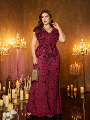 Champagne Gold Floral Sequin Sleeveless V‑Neck Plus‑Size Mermaid Evening Gown