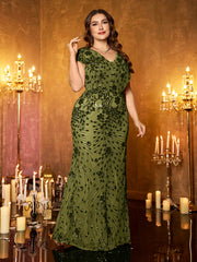 Champagne Gold Floral Sequin Sleeveless V‑Neck Plus‑Size Mermaid Evening Gown