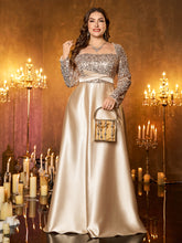 Champagne Silver Beaded High‑Waist A‑Line Plus Size Evening Gown