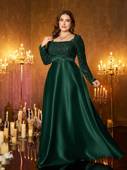 Champagne Silver Beaded High‑Waist A‑Line Plus Size Evening Gown
