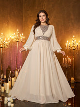 Off‑White Sheer Chiffon Lantern Sleeve Silver Beaded Waist Plus‑Size A‑Line Formal Dress