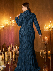 Champagne Rose Gold Pattern Sequin High‑Neck Plus‑Size Mermaid Formal Dress