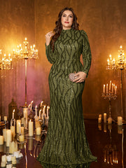 Champagne Rose Gold Pattern Sequin High‑Neck Plus‑Size Mermaid Formal Dress