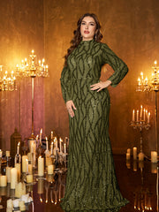 Champagne Rose Gold Pattern Sequin High‑Neck Plus‑Size Mermaid Formal Dress