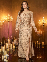 Gold Pattern Sequin Boat Neck Long Sleeve Side Slit Plus‑Size Mermaid Formal Dress