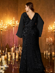 Champagne Gold Embroidered Bell‑Sleeve Slit Plus Size Evening Gown