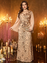 Champagne Gold Embroidered Bell‑Sleeve Slit Plus Size Evening Gown