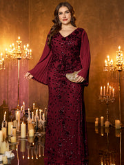 Champagne Gold Embroidered Bell‑Sleeve Slit Plus Size Evening Gown