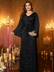 Champagne Gold Embroidered Bell‑Sleeve Slit Plus Size Evening Gown