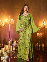 Champagne Gold Embroidered Bell‑Sleeve Slit Plus Size Evening Gown