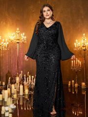 Champagne Gold Embroidered Bell‑Sleeve Slit Plus Size Evening Gown