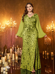 Champagne Gold Embroidered Bell‑Sleeve Slit Plus Size Evening Gown