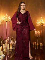 Champagne Gold Embroidered Bell‑Sleeve Slit Plus Size Evening Gown