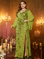 Champagne Gold Embroidered Bell‑Sleeve Slit Plus Size Evening Gown