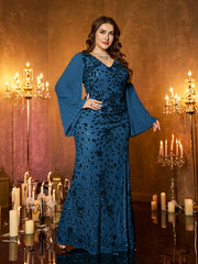 Champagne Gold Embroidered Bell‑Sleeve Slit Plus Size Evening Gown