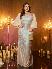 Glitter Geometric Pattern V Neck Mermaid Long Prom Gala Dress