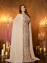 Champagne Chiffon Cape Strapless Sequin Plus‑Size Mermaid Formal Dress