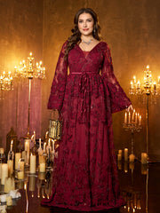 Burgundy Floral Sequin V‑Neck Flare Long‑Sleeve Plus‑Size A‑Line Evening Gown