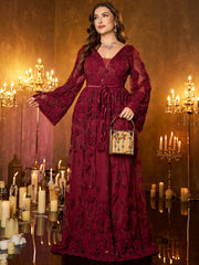 Burgundy Floral Sequin V‑Neck Flare Long‑Sleeve Plus‑Size A‑Line Evening Gown