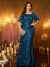 Dark Blue Pattern Sequin Square‑Neck Short Flare Sleeve Plus‑Size Mermaid Party Gown