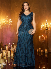 Teal Wave‑Pattern Sequin Sleeveless V‑Neck Plus‑Size Mermaid Evening Gown