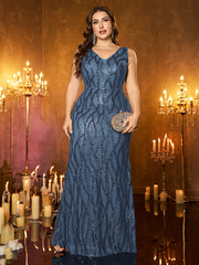 Teal Wave‑Pattern Sequin Sleeveless V‑Neck Plus‑Size Mermaid Evening Gown